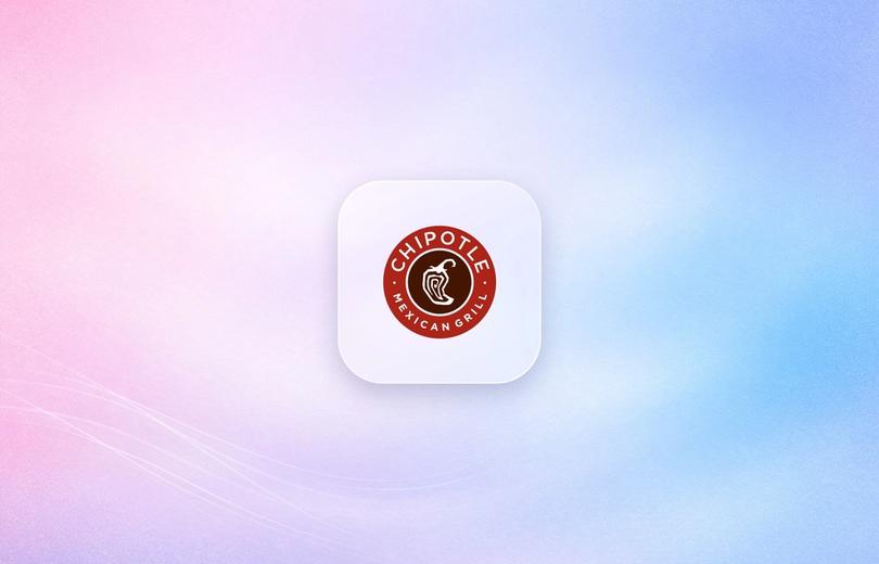Chipotle logo on a frosted glass tile over a soft pink and blue gradient