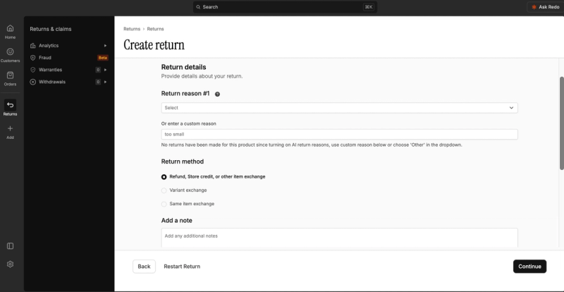 Redo's return details step with a return reason, a custom reason, and return methods for a refund, store credit or other item, a variant exchange or the same item