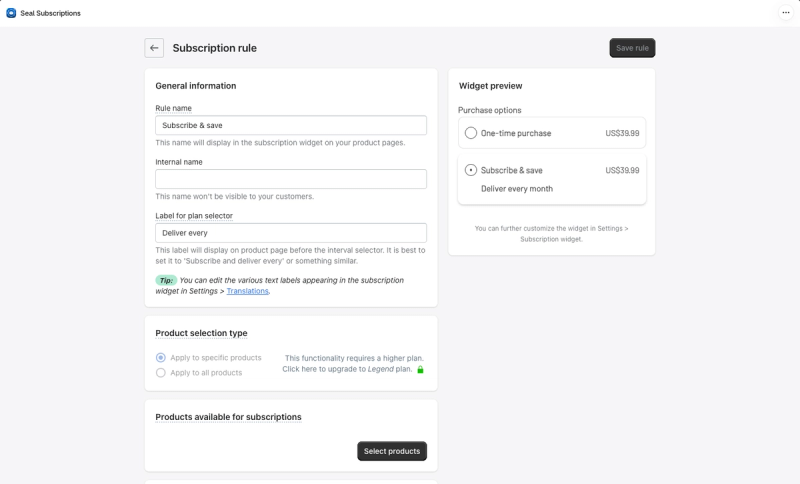 Seal subscription rule editor with the rule name, plan selector label and product selection, beside a preview of the one-time purchase and subscribe and save options