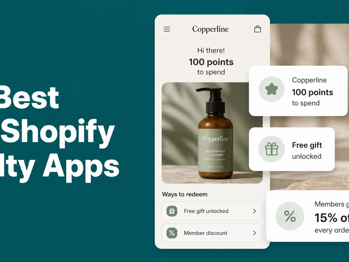 Minimalist landscape with article title "The Best Free Shopify Loyalty Apps in 2026" displayed as text in the sky, illustrati