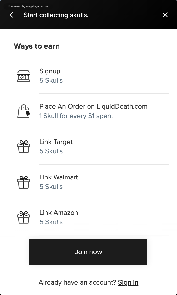 Liquid Death rewards panel Ways to Earn: 5 Skulls for signup, 1 Skull for every $1 spent on LiquidDeath.com, and 5 Skulls each for linking Target, Walmart and Amazon