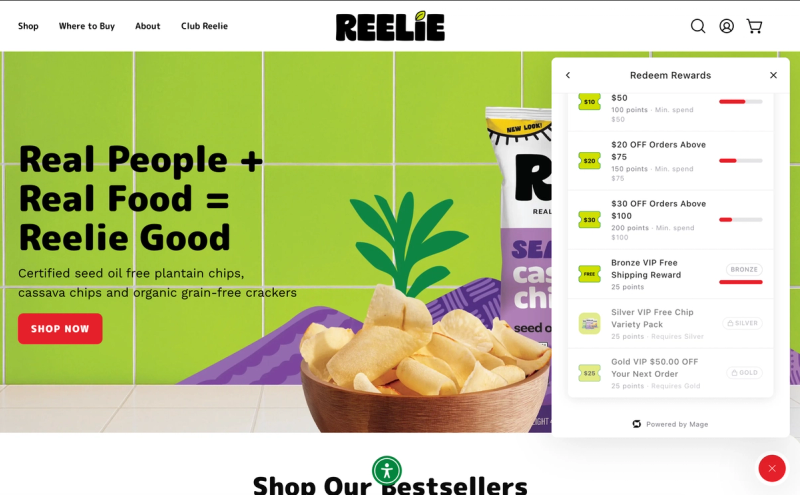 Reelie homepage with the rewards widget showing Redeem Rewards: point discounts plus Bronze, Silver, and Gold VIP rewards
