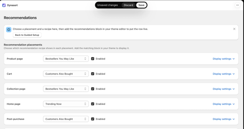 Dynasort recommendation placements for the product page, cart, collection page, home page and post-purchase, each with a chosen recipe