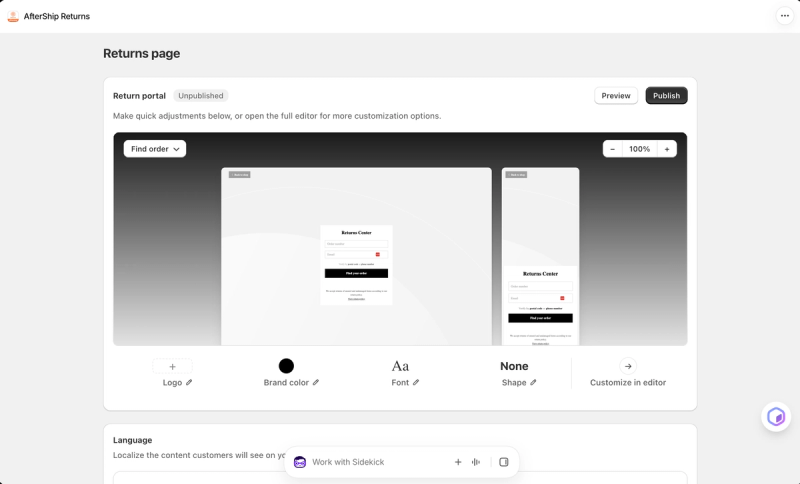 AfterShip's return portal settings with desktop and mobile previews of the Returns Center and quick controls for logo, brand colour, font and shape
