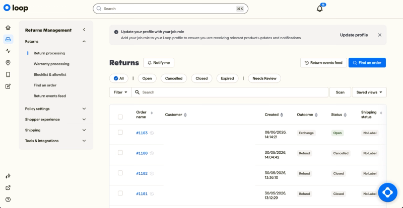 Loop's returns list filtered to all returns, showing order numbers, outcomes such as exchange and refund, status and shipping status