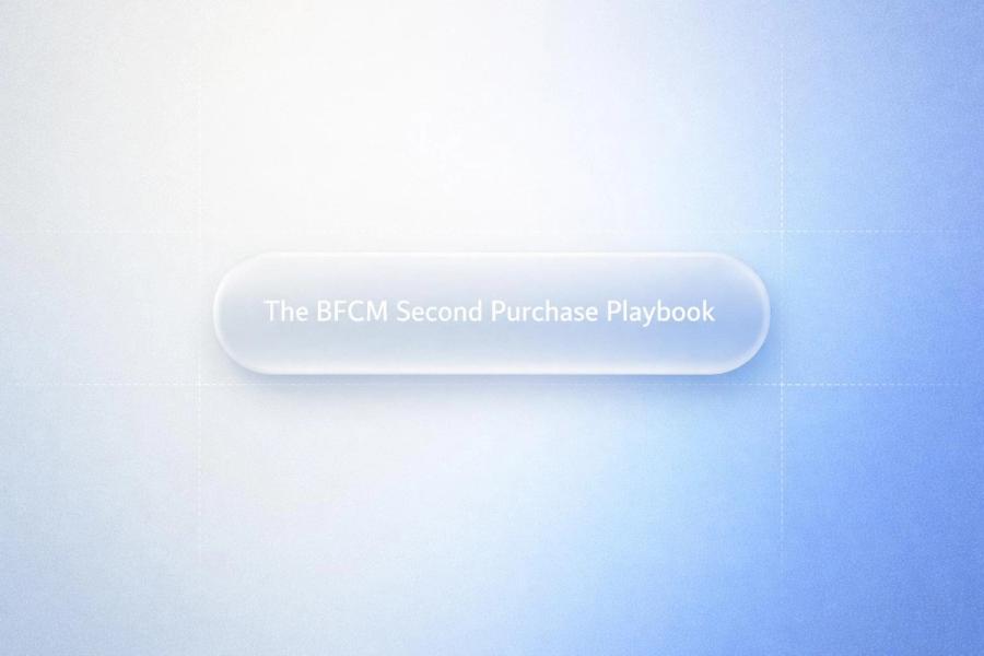 White text reading \"BFCM Second Purchase Playbook\" over a minimalist cinematic landscape