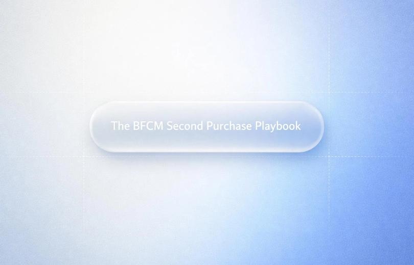 White text reading \"BFCM Second Purchase Playbook\" over a minimalist cinematic landscape
