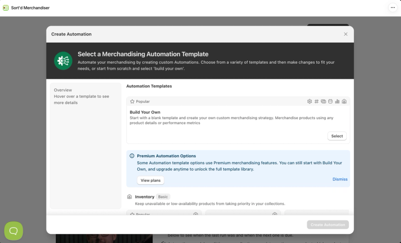 Sort'd automation templates with a Build Your Own option and an inventory template that keeps unavailable or low-stock products from taking priority