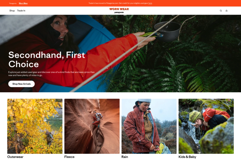 Patagonia Worn Wear page with the headline Secondhand, First Choice, Shop New Arrivals button and gear categories