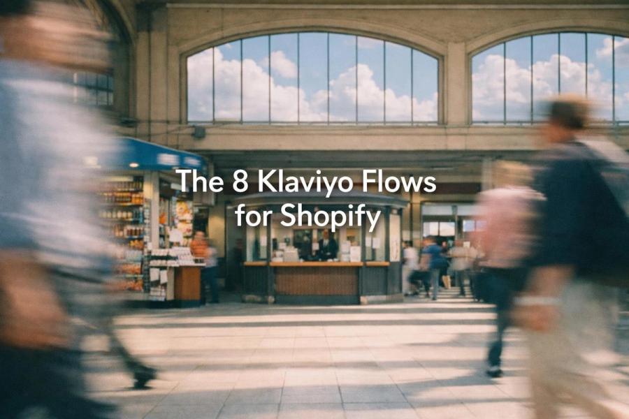 White text reading “The 8 Klaviyo Flows for Shopify” over a soft gradient background.