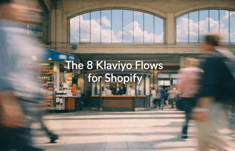 White text reading “The 8 Klaviyo Flows for Shopify” over a soft gradient background.