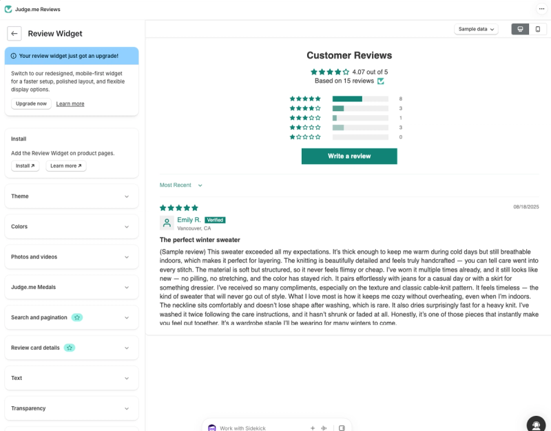 Judge.me review widget editor with a live preview of the customer reviews widget and the prompt to upgrade to the new mobile-first widget