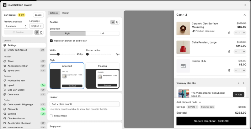 Essent cart drawer editor with position, width and style settings, toggles for each drawer section, and a live preview showing cart items, a You may also like upsell and applied discount codes