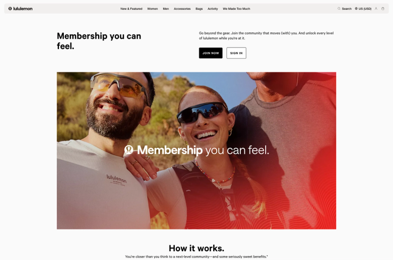 lululemon Membership page with the headline Membership you can feel, Join Now button and group hero photo