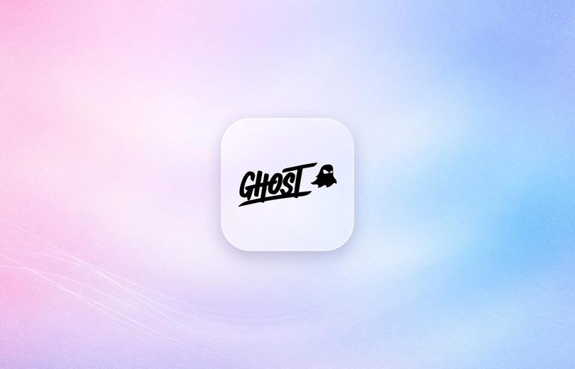 GHOST logo on a frosted glass tile over a soft pink and blue gradient