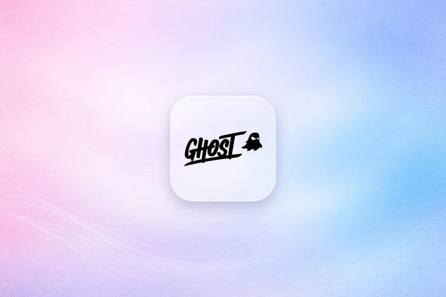 GHOST logo on a frosted glass tile over a soft pink and blue gradient