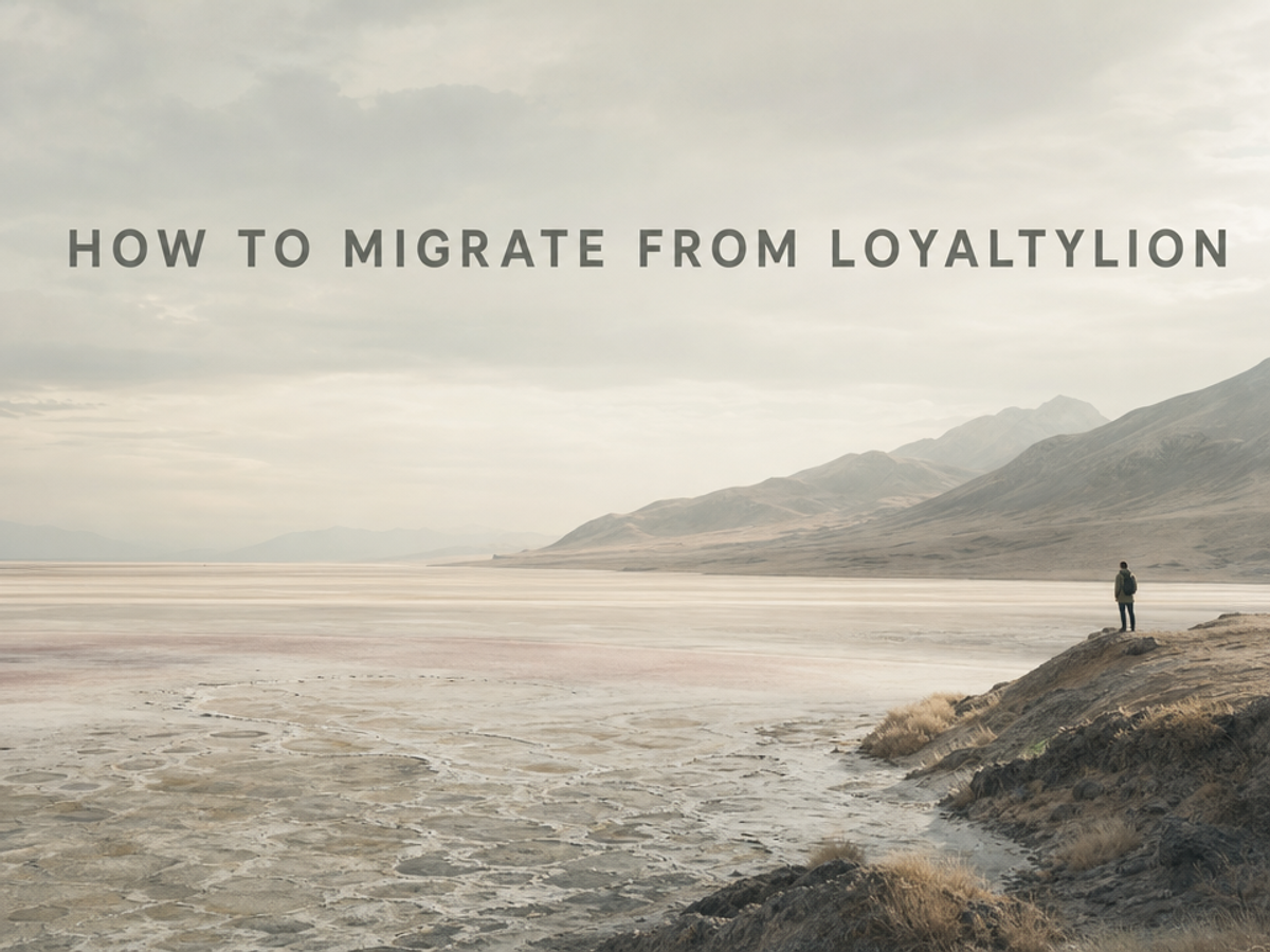 Minimalist landscape with "How to Migrate from LoyaltyLion: Complete Step-by-Step Guide" text rendered in the sky, representi