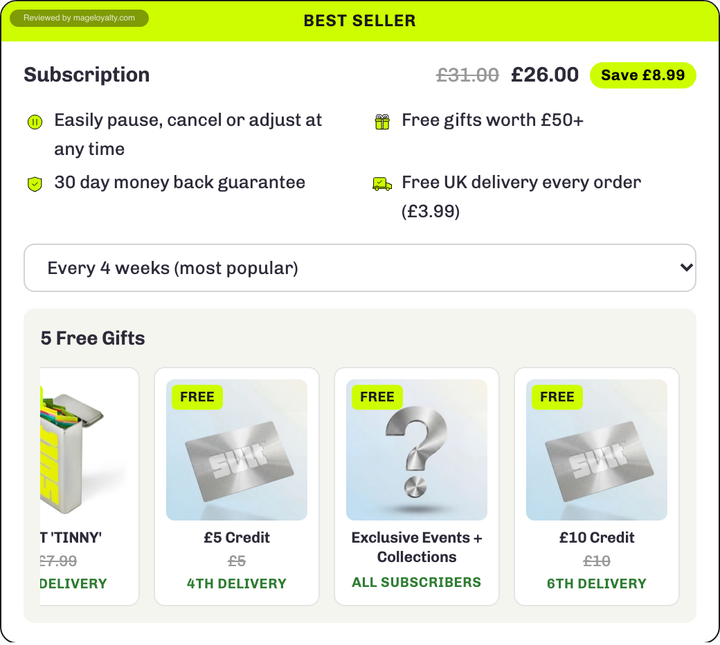 SULT's 5 Free Gifts panel scrolled to the end, showing £5 Credit on the 4th delivery, Exclusive Events + Collections for all subscribers and £10 Credit on the 6th delivery