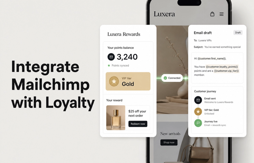 Integrate Mailchimp with Mage Loyalty: hero showing loyalty data syncing with Mailchimp