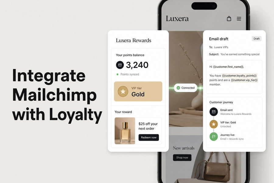 Integrate Mailchimp with Mage Loyalty: hero showing loyalty data syncing with Mailchimp