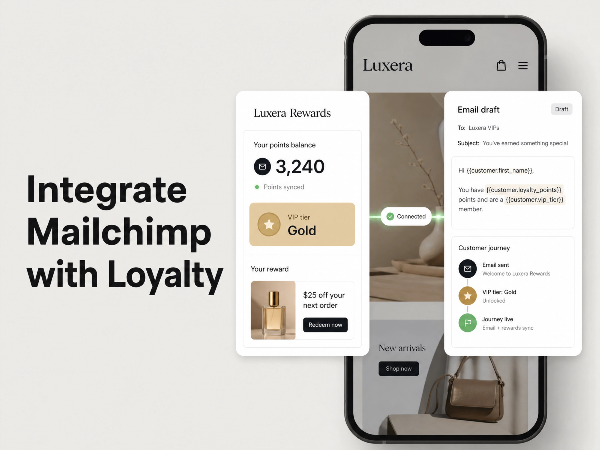 Integrate Mailchimp with Mage Loyalty: hero showing loyalty data syncing with Mailchimp