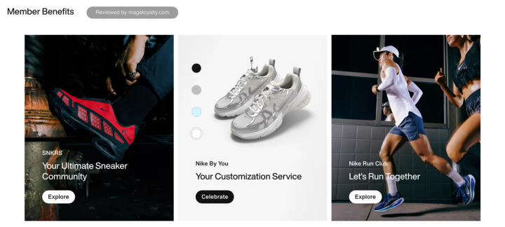 Nike Member Benefits cards: SNKRS, your ultimate sneaker community, Nike By You, your customization service, and Nike Run Club, let's run together