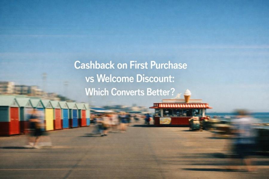 White text reading “Cashback on First Purchase vs Welcome Discount: Which Converts Better?” on a soft gradient background.