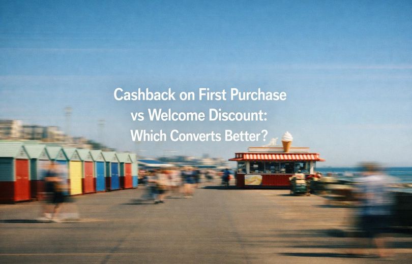 White text reading “Cashback on First Purchase vs Welcome Discount: Which Converts Better?” on a soft gradient background.