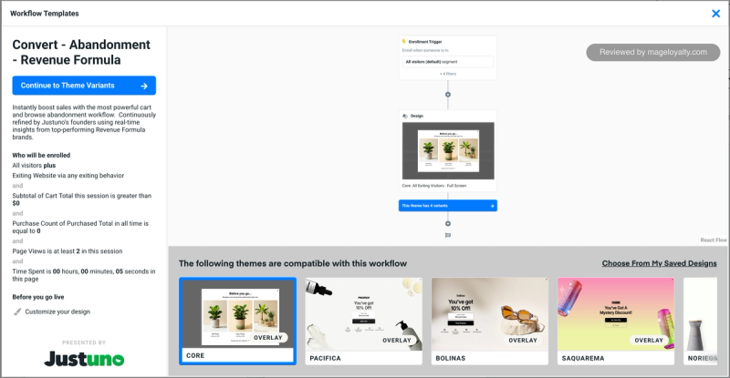 Justuno abandonment workflow showing the enrollment conditions for exiting visitors with a cart, no past purchases and at least two pageviews, with compatible design themes below