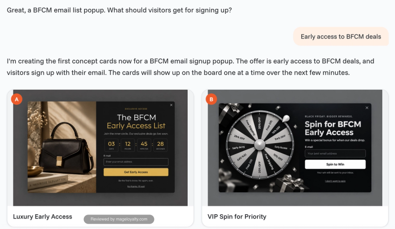 OptiMonk AI chat asking what visitors should get for signing up, followed by two BFCM popup concepts: a luxury early access list and a spin to win for priority access
