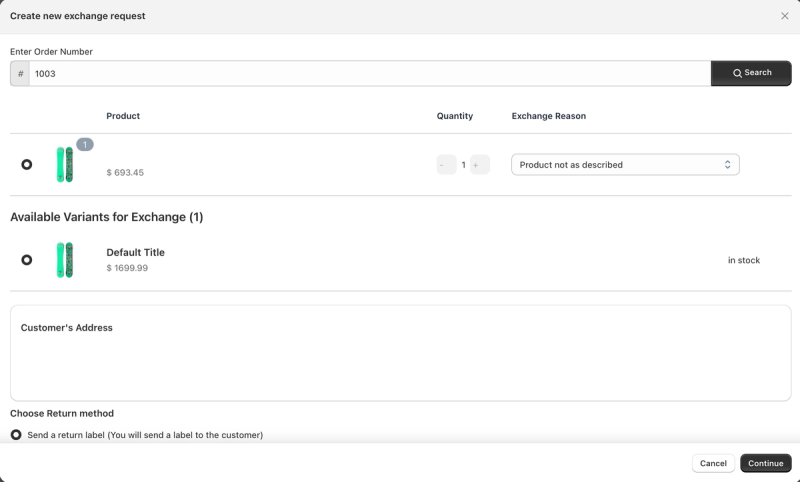 Return Prime's Create new exchange request screen with the item, an exchange reason, the variant available for exchange with its stock, and the return method