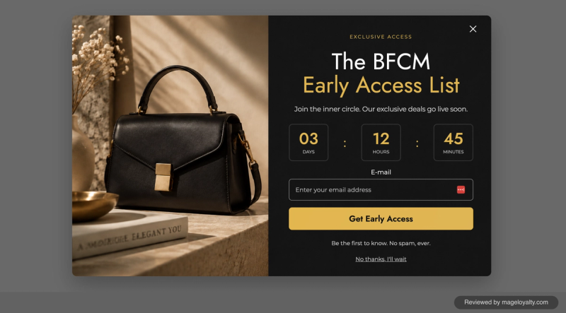 OptiMonk finished BFCM early access popup with a product photo, a countdown, an email field and a Get Early Access button