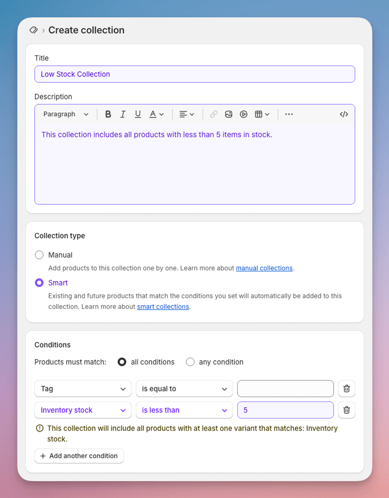 shopify-sidekick-low-stock-collection-example