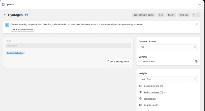 Dynasort collection page with the Dynasort status, sorting history and insights for conversion, add-to-cart, exit and bounce rates