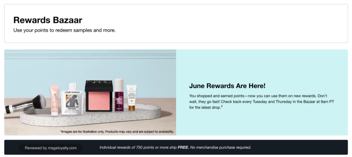 Sephora Rewards Bazaar page: use your points to redeem samples and more, June rewards are here, with new drops every Tuesday and Thursday at 9am PT and rewards of 750 points or more shipping free with no merchandise purchase required
