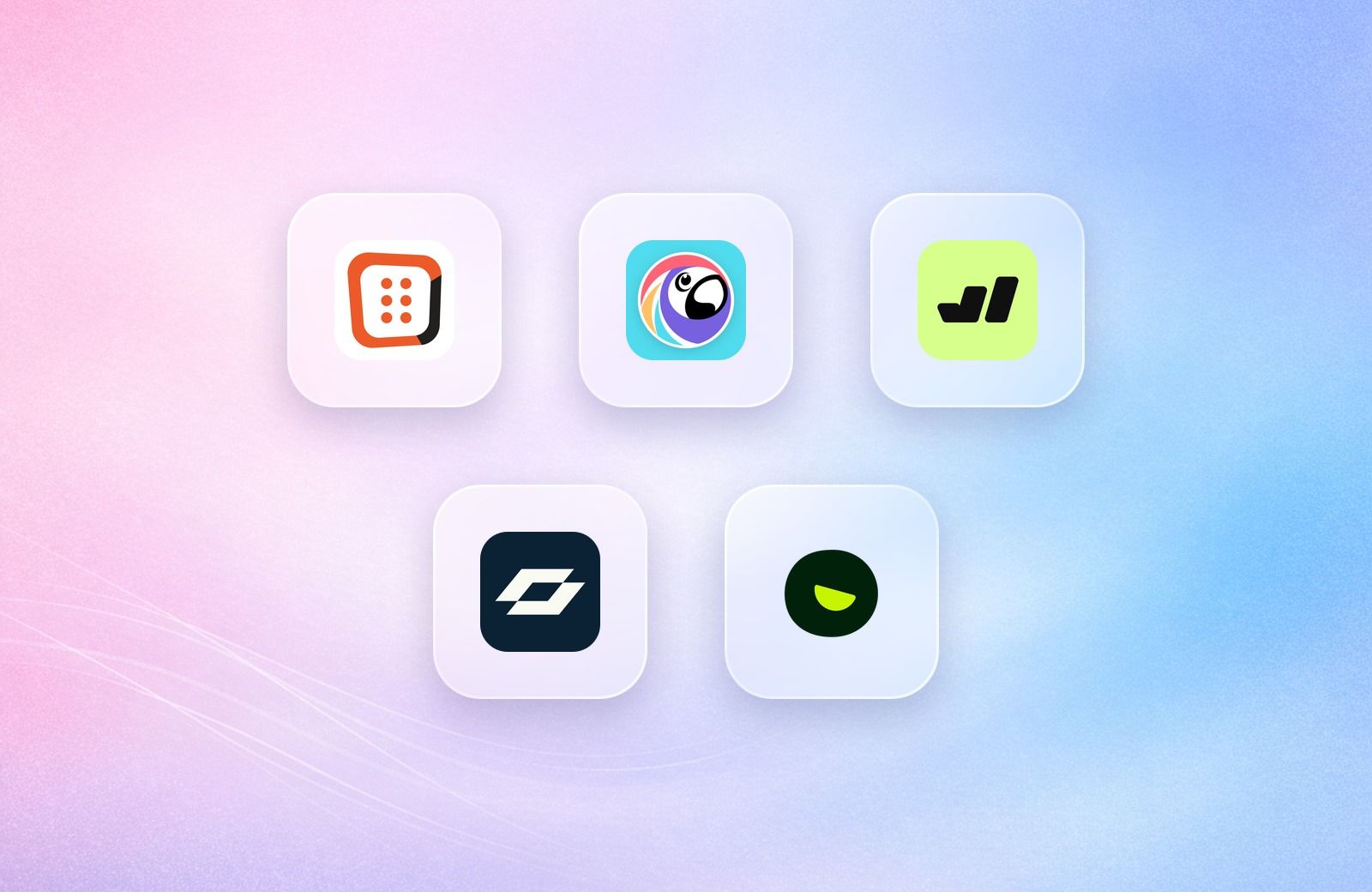 Logos of OptiMonk, Poptin, Wisepops, Alia and Justuno on frosted glass tiles over a lavender gradient