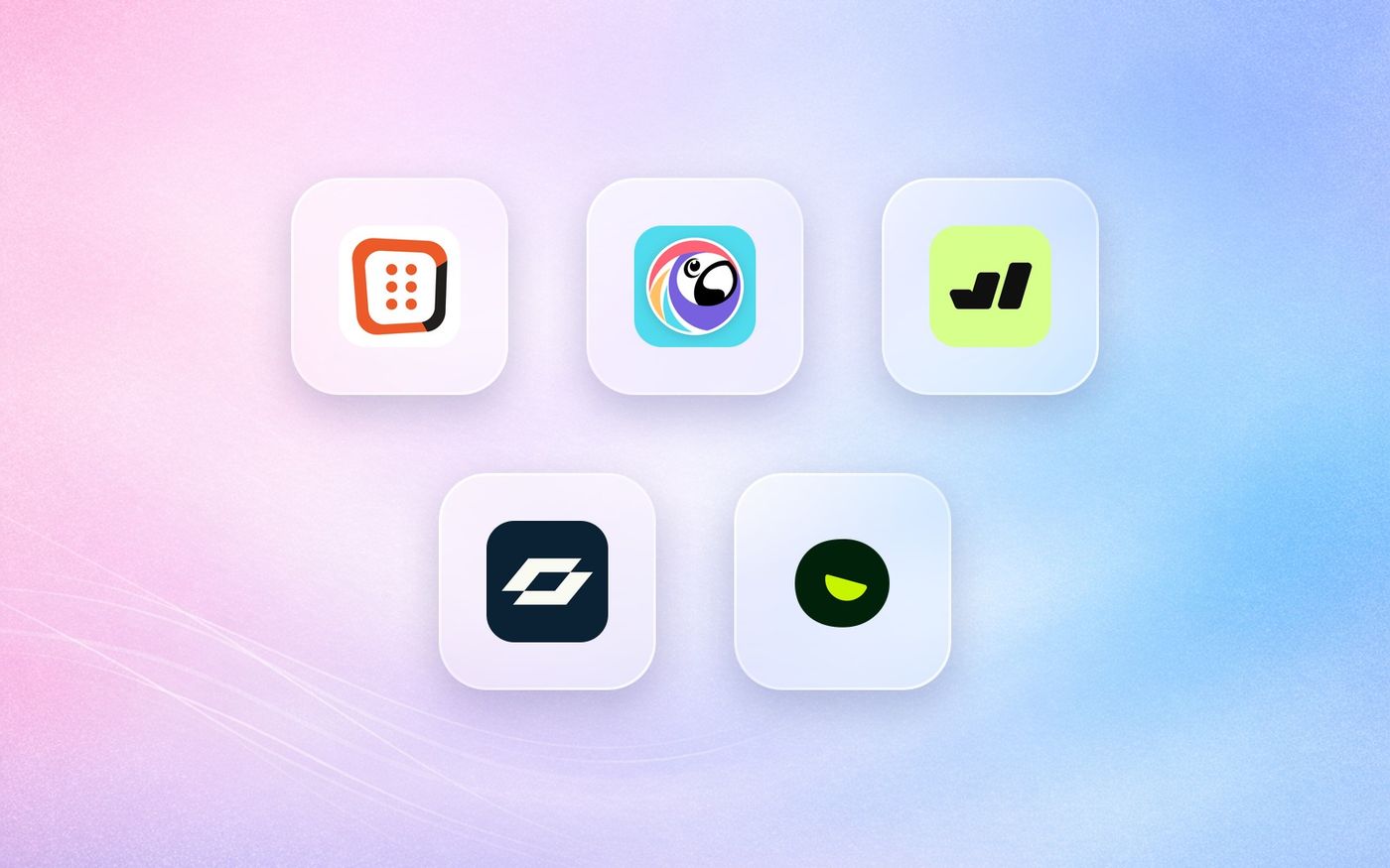 Logos of OptiMonk, Poptin, Wisepops, Alia and Justuno on frosted glass tiles over a lavender gradient