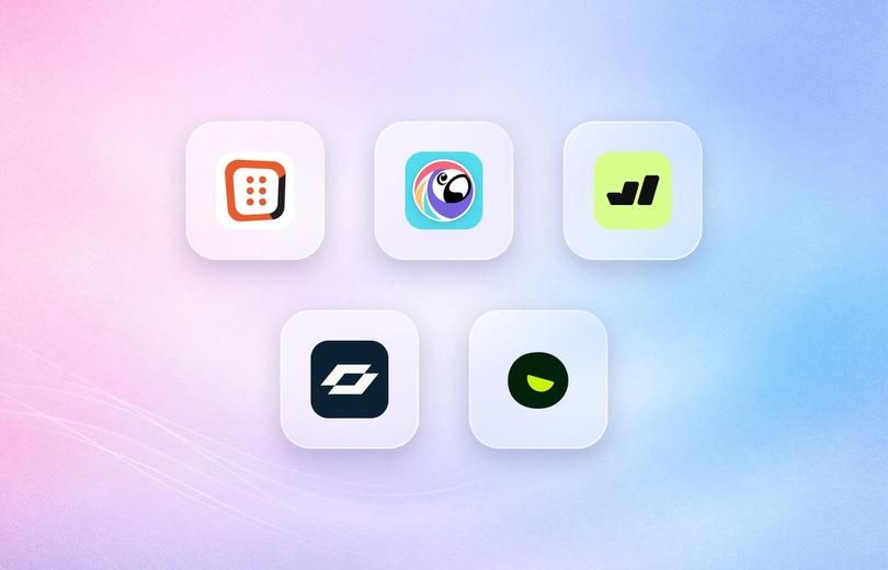 Logos of OptiMonk, Poptin, Wisepops, Alia and Justuno on frosted glass tiles over a lavender gradient