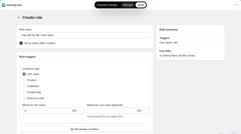 Kaching create rule screen adding a free gift when the cart value reaches a minimum amount, with conditions for cart value, product, collection, product tag or discount code