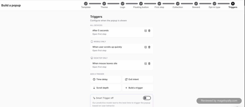Alia popup triggers for all devices, mobile only and desktop only, with options to add a time delay, exit intent or scroll depth trigger