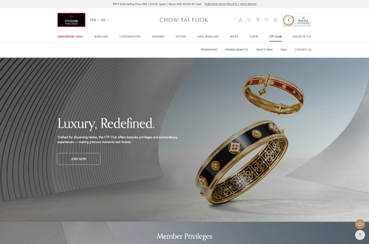 Chow Tai Fook CTF Club page with the headline Luxury, Redefined., Join Now button and Member Privileges section
