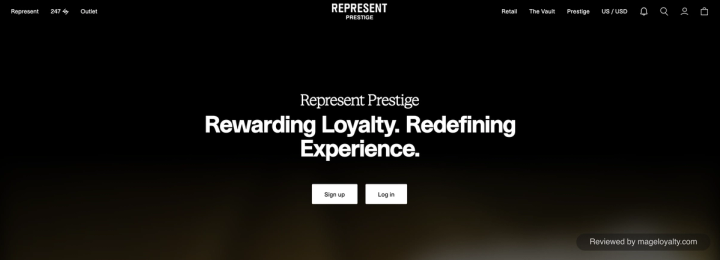 Represent Prestige page: Rewarding Loyalty. Redefining Experience, with Sign up and Log in buttons