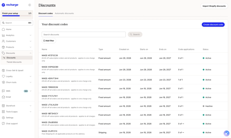 Recharge discount codes created by Mage, each a fixed amount off subscription orders that applies to one charge only