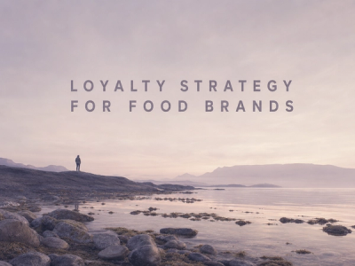 Minimalist landscape with "Loyalty Strategy for Shopify Snack and Better-For-You Food Brands" text overlaid in the sky, illus
