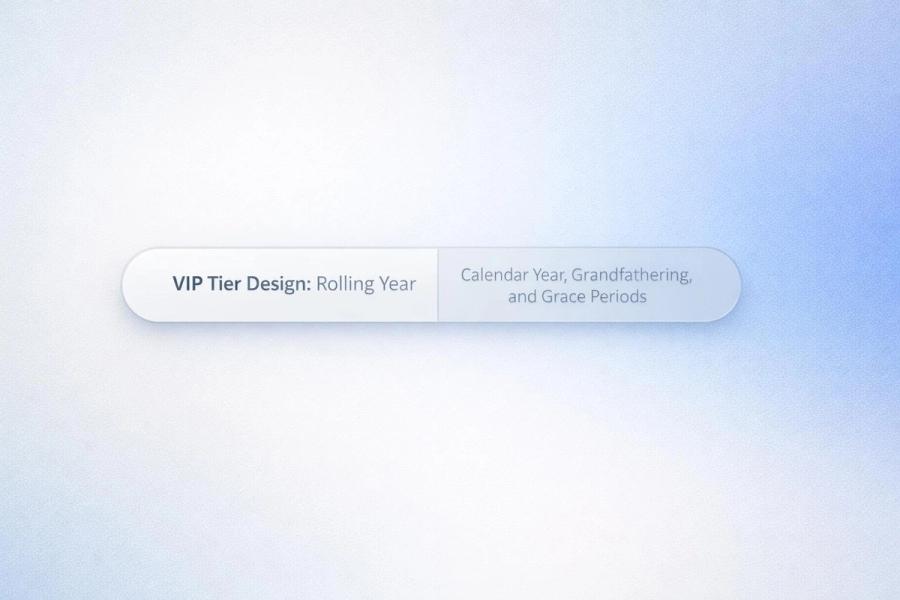 White text reading “VIP Tier Design: Rolling Year vs Calendar Year, Grandfathering, and Grace Periods” on a soft gradient bac