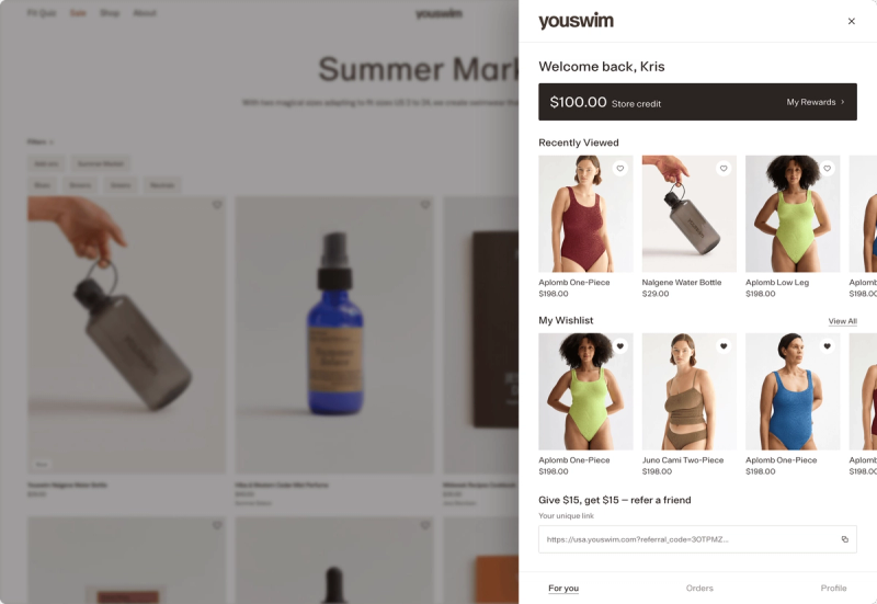 YouSwim account sidebar with $100 store credit, recently viewed, wishlist, referral link, and For you, Orders, Profile tabs