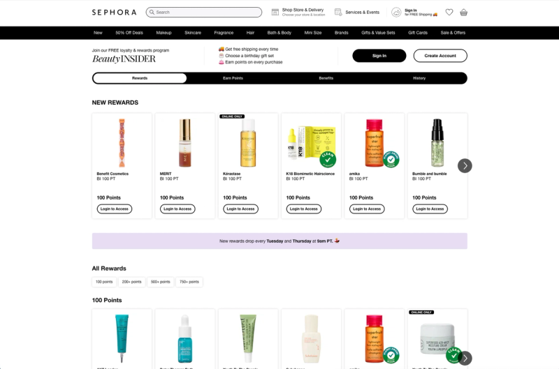 Sephora Beauty Insider rewards page showing 100-point product rewards and the twice-weekly new rewards drop