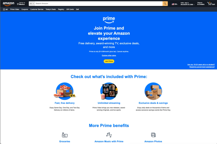 Amazon Prime sign-up page listing free delivery, streaming and exclusive deals as membership benefits