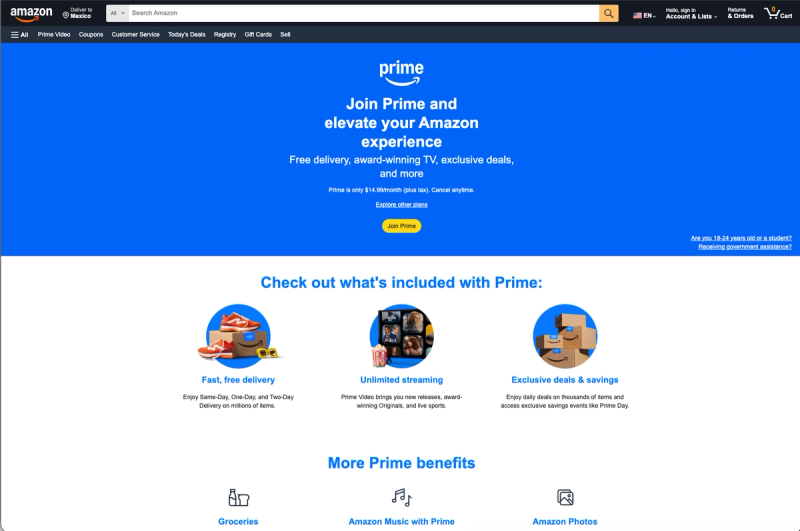 Amazon Prime sign-up page listing free delivery, streaming and exclusive deals as membership benefits