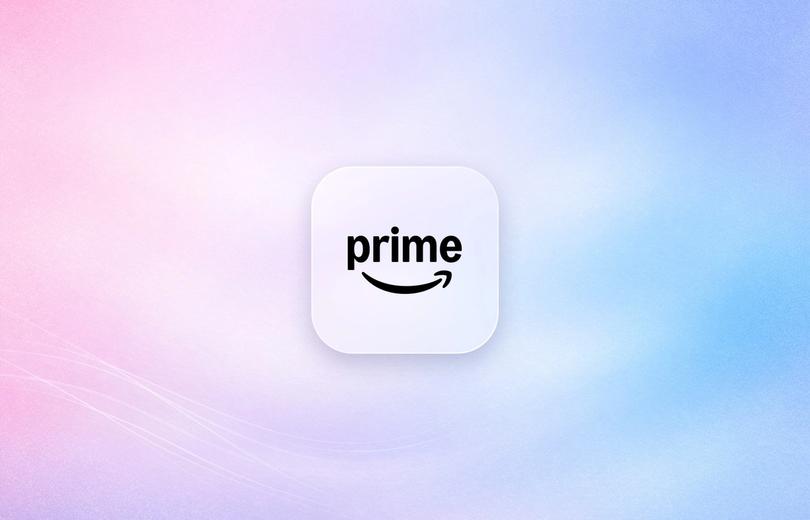 Amazon Prime logo on a frosted glass tile over a soft lavender gradient